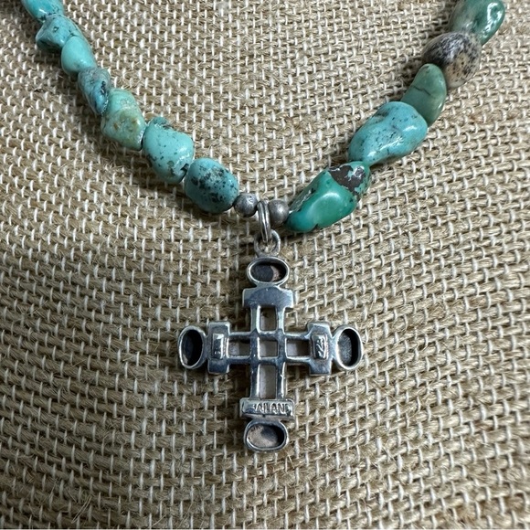 Vintage Southwestern Turquoise Sterling Silver Mother Of Pearl Cross Necklace - Picture 6 of 8